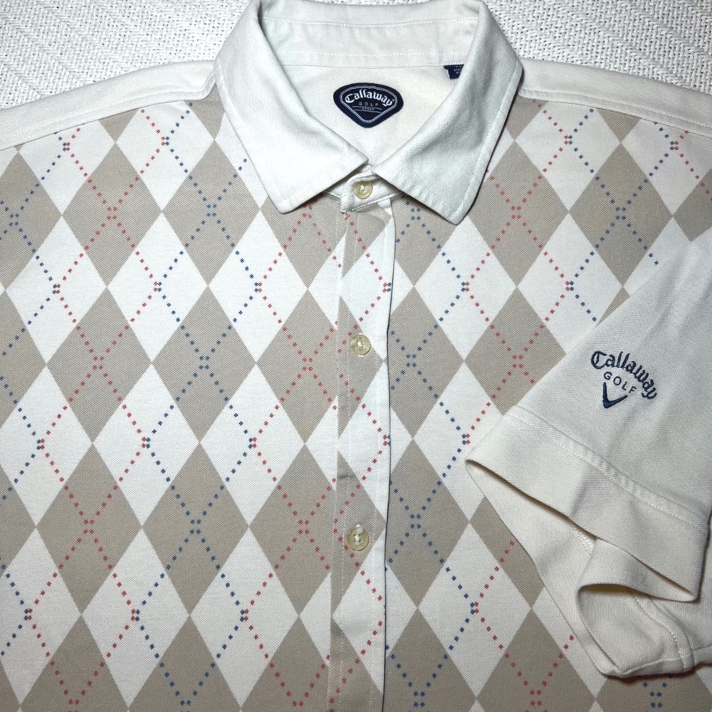 Callaway Golf Sport Mens XXL Button Down Polo Argyle Tan Cream Short Sleeve